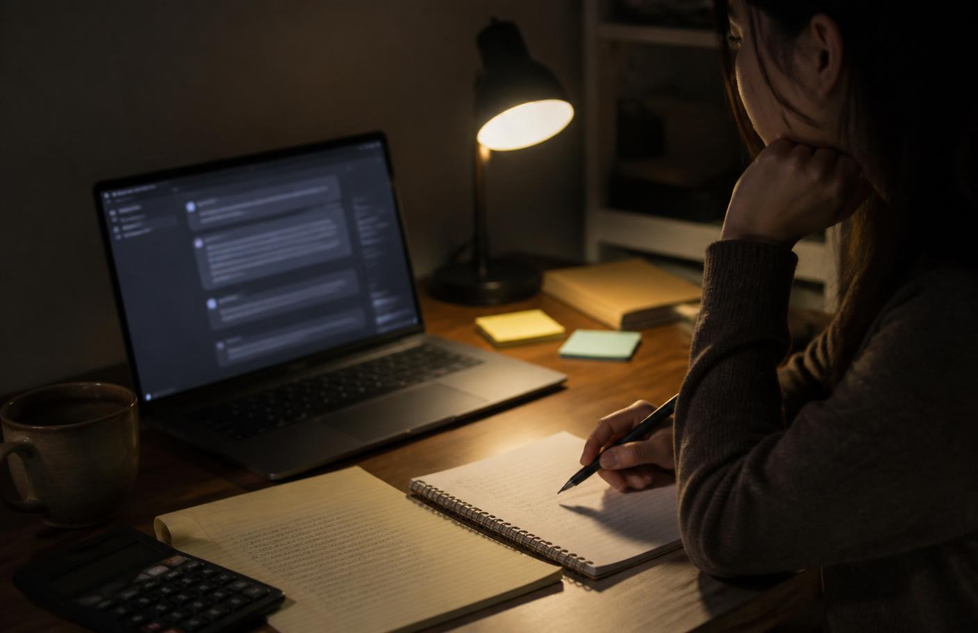 A beginner reviewing notes at night beside a laptop with an AI assistant-style interface