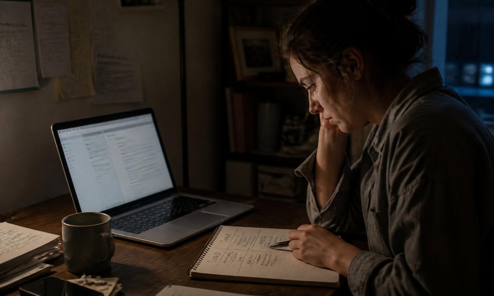 A focused beginner working at a small desk in the evening with a laptop and notes comparing online business options